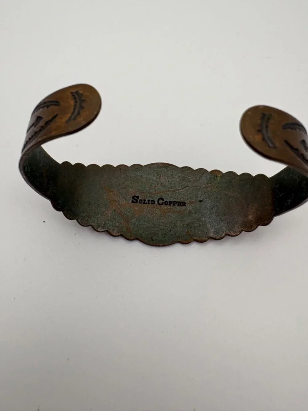 Vintage Solid Copper Stamped Cuff Bracelet Southwestern Diamond Scalloped Band